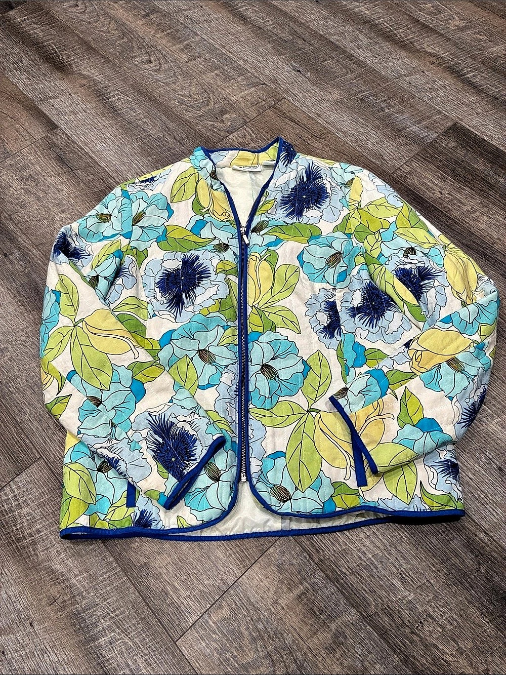 Patchington Floral Silk Blend Jacket in Blue & Green Medium Like New